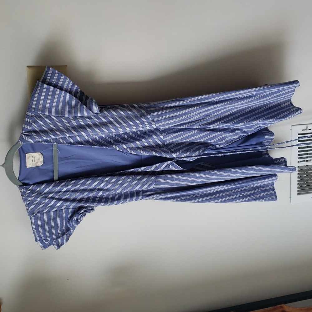 Harper Heritage wrap dress with white stripes and ruffled sleeves